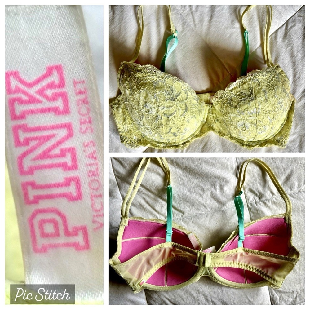 Victoria's Secret PINK Lace Push-up Bra Convertible 36D Chartreuse Lace Neon Y2K